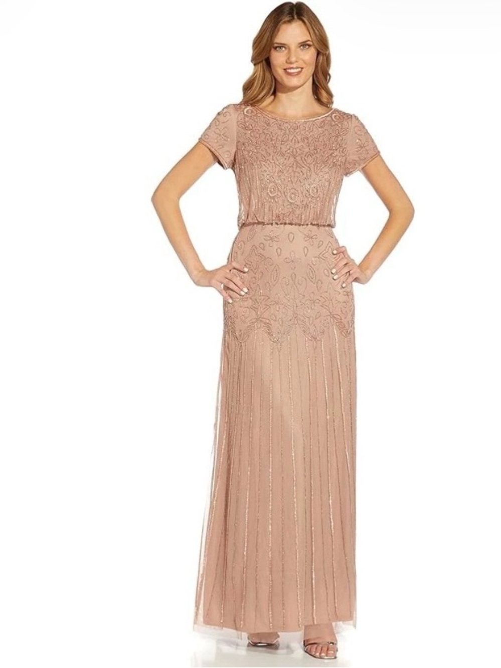 ADRIANNA PAPELL SHORT SLEEVE BLOUSON BEADED GOWN IN ROSE GOLDSize 16